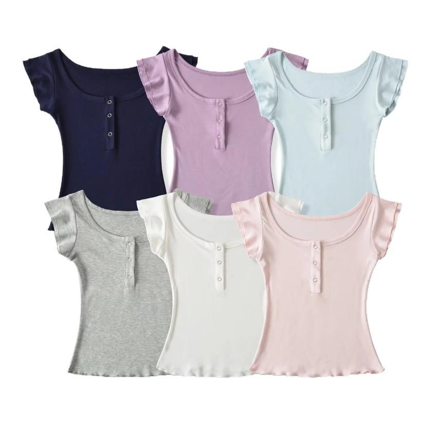 Double-layer fungus edge short-sleeved T-shirt women's summer new American Spice Girl solid-color slim-fitting front shoulder bottoming top
