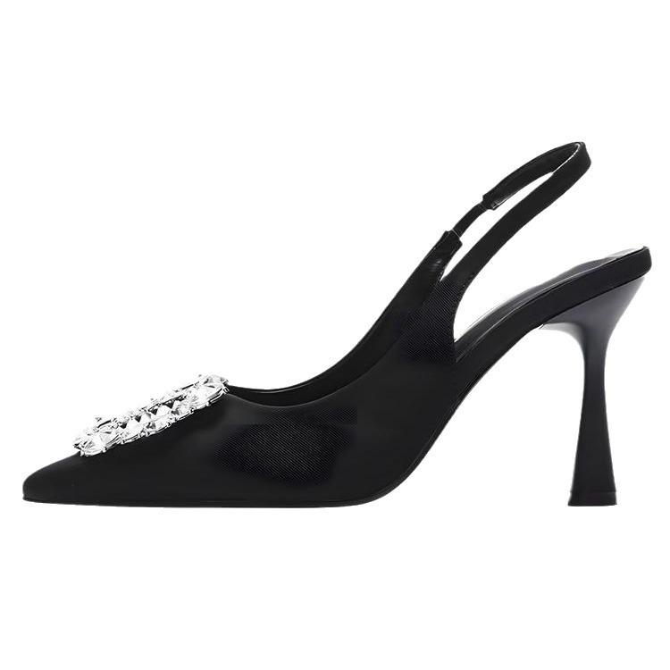 Black Pointed High-heeled Single Shoes Rhinestone Bag Head Sandals Women's Summer 2025 New Stiletto with Skirt Women's Sandals