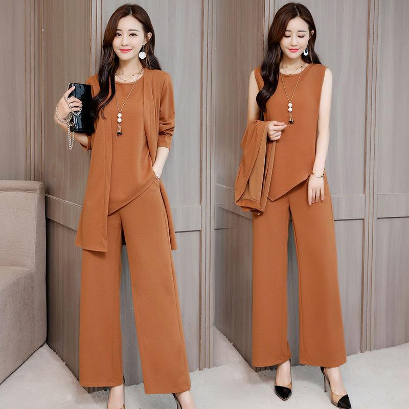 Women's Loose Fit Three Piece Outfit Set Long Sleeve Open Cardigan Tank Top High Waist Wide Leg Pants Elegant Pant Suit