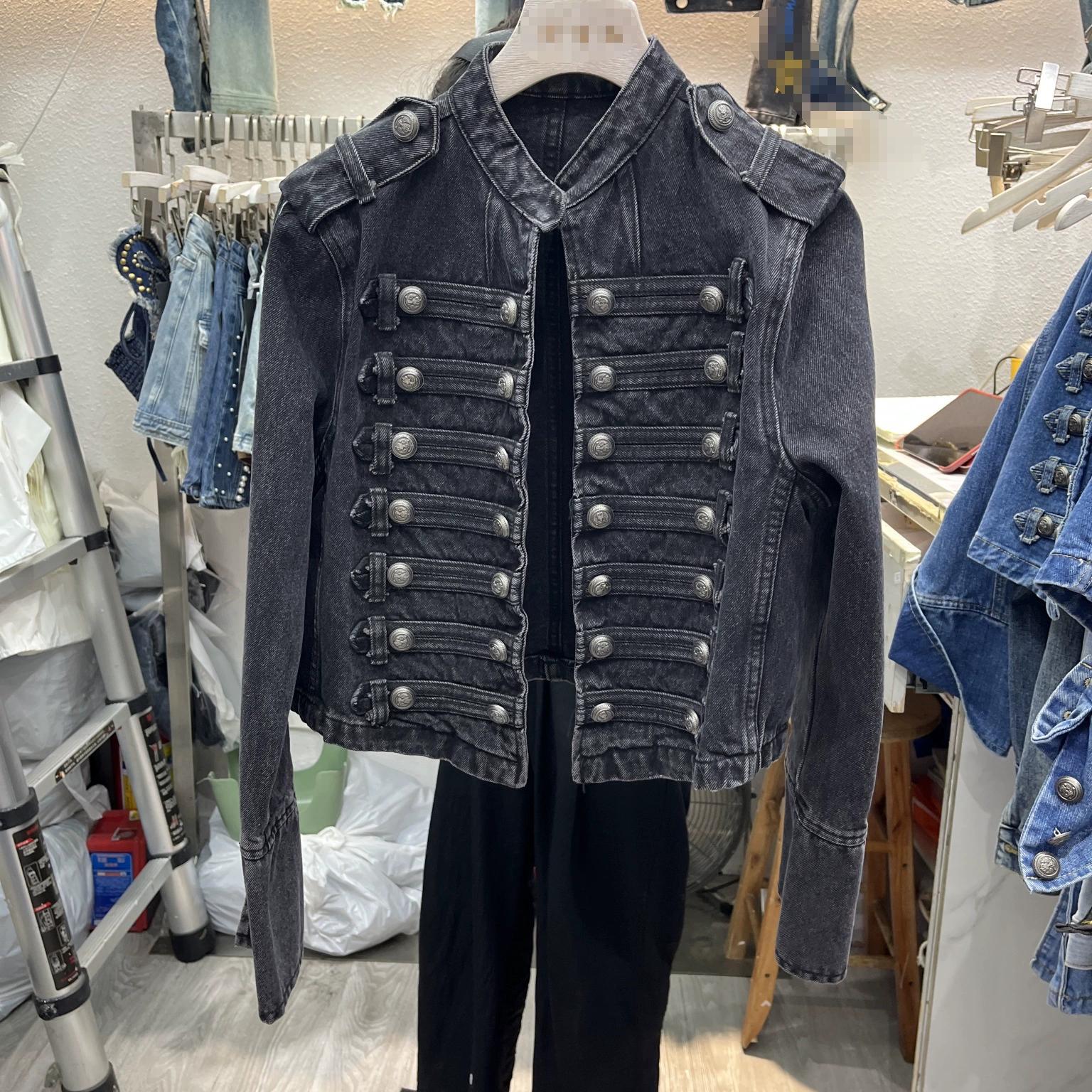 

Длинный рукав топа в стиле ретро с пряжкой для весны и осени, модная короткая джинсовая куртка с воротником-стойкой M чёрный