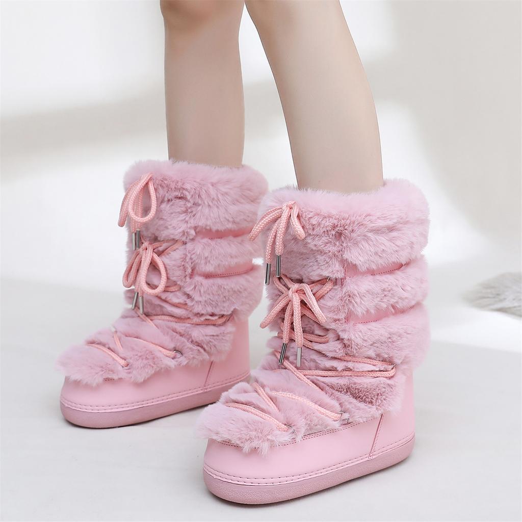 Fluffy Furry Faux Rabbit Fur Snow Boots for Women Winter Woman Lace-up Waterproof Warm Mid-calf Ski Boots Y2k Cute Boots