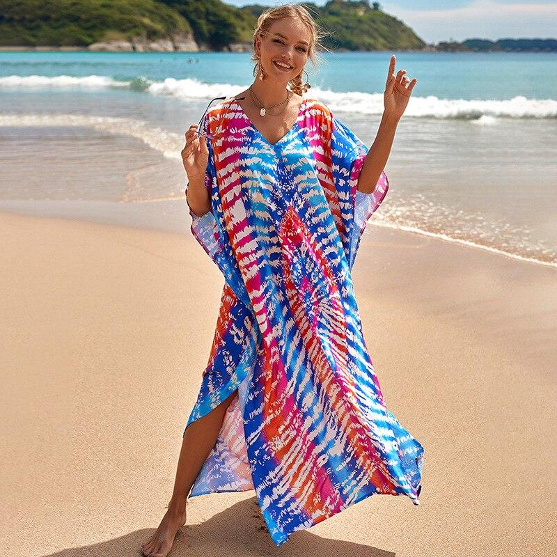Kaftan Beach Dress Rayon Women Boho Colorful Printed Plus Size Maxi Summer Bathing Suit Cover Up