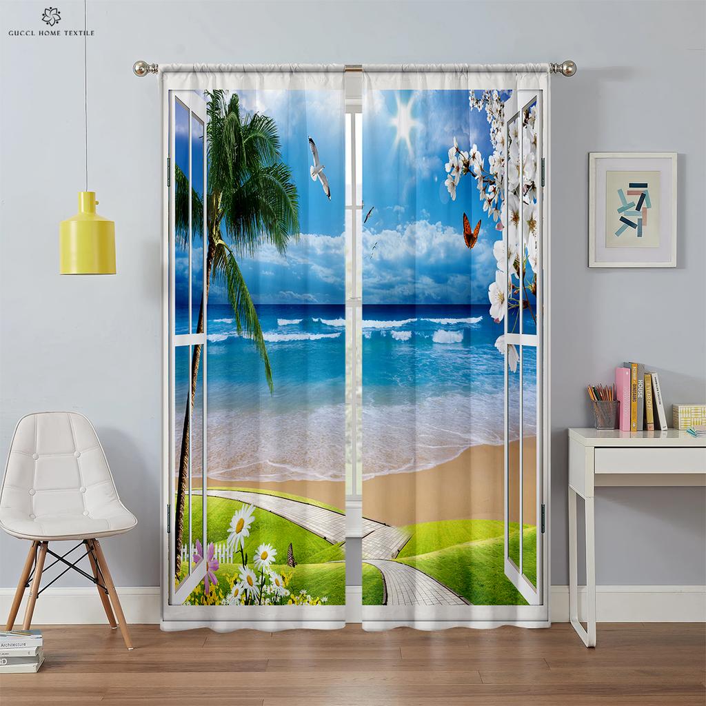 3D Printed Curtains for Window Scenery, Simulation, Modern, Decorative, Bedroom, Living Room, Study, 2Pcs