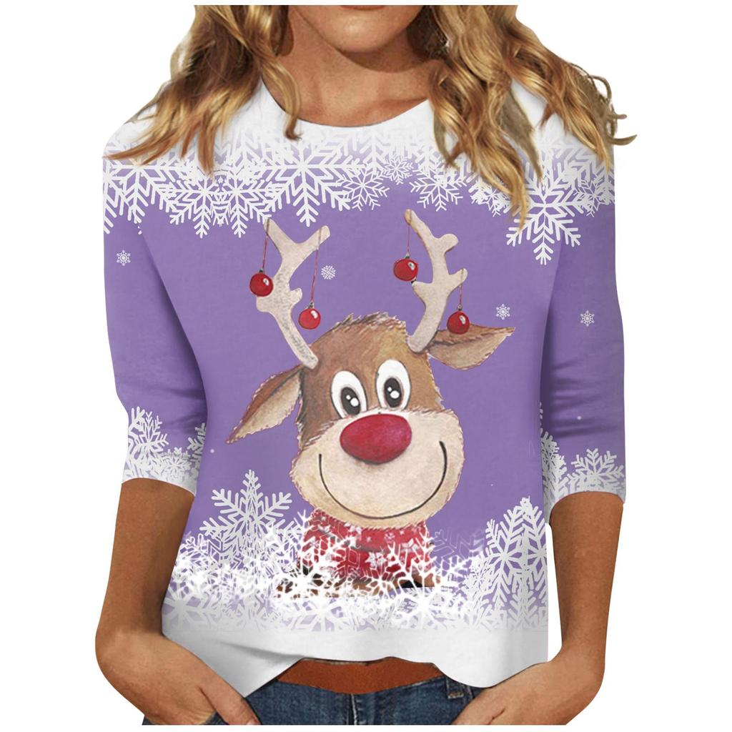 Spring and Autumn Round Neck Christmas Themed Pattern 3D Printed Top Fashionable Casual Long Sleeved Women's T-shirts