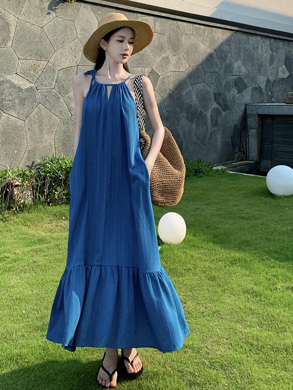 

Holiday Retro Blue Spaghetti Strap Beach Dress - In Stock Large