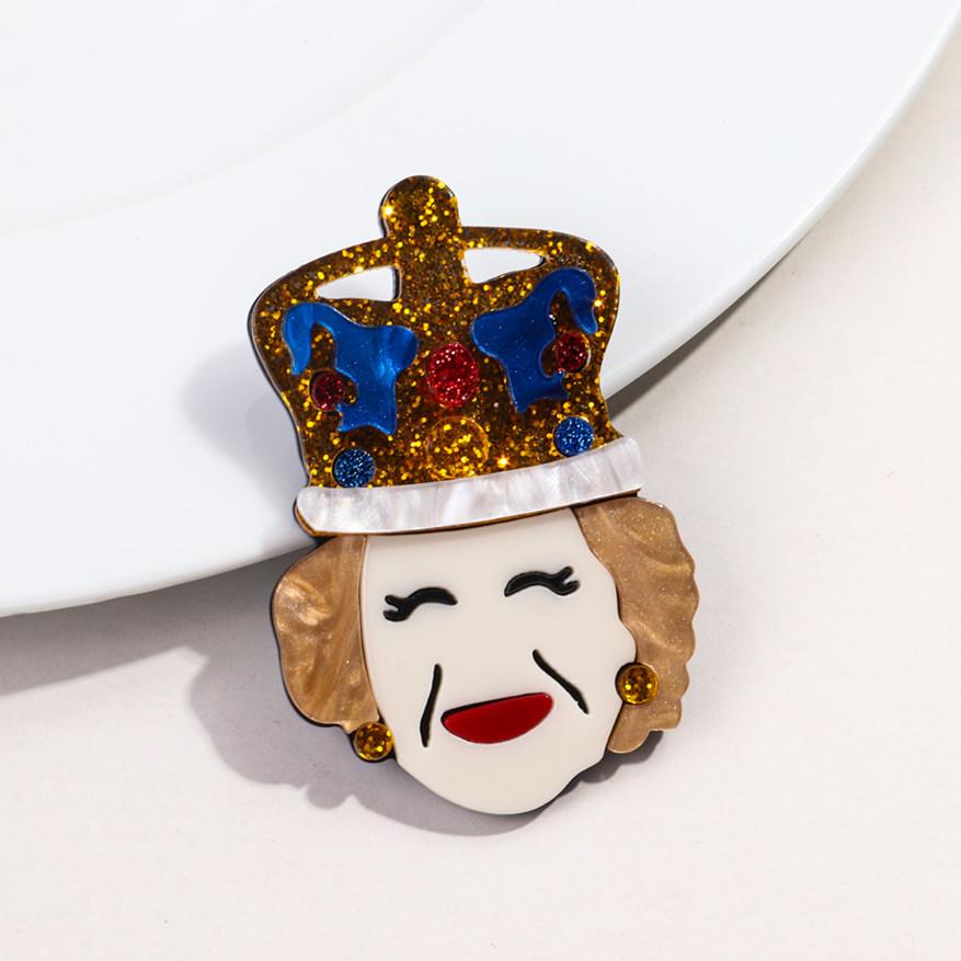 New Elegant Queen Elizabeth II Acrylic Brooches for Women's Clothing Glitter Crown Granny Figure Badges Pins Brooch Cute Jewelry