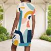 Women Plus Size Round Neck Short Sleeve Black Grey Abstract Printed Fitted Mini Dress