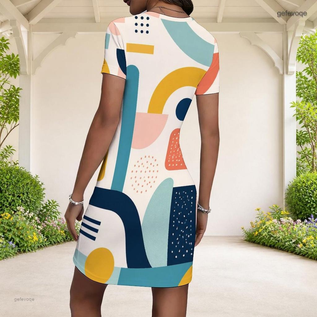Women Plus Size Round Neck Short Sleeve Black Grey Abstract Printed Fitted Mini Dress