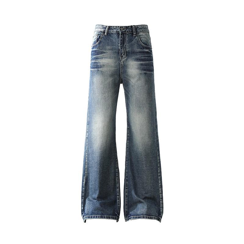 Vintage Washed Whiskered Unisex Straight-Leg Micro Flare Floor-Length Jeans