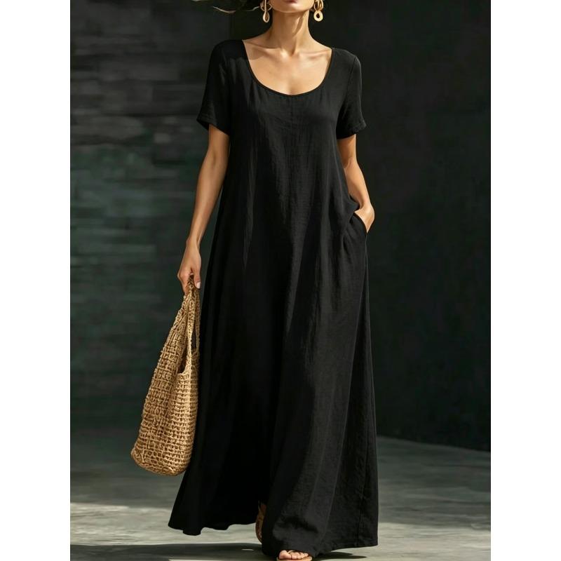 QICED Women's Fashion Summer Spring Solid Color Print U-Neck Short Sleeve Casual Dresses