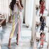 Vestido de verão com manga comprida, botões, manga curta, estampado, longo, elegante