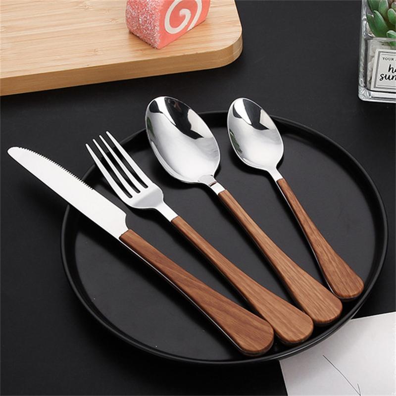 New Stainless Steel Cutlery Set with Imitation Wooden Handle Western Household Spoon Knife Fork Dinnerware Kitchen Tableware