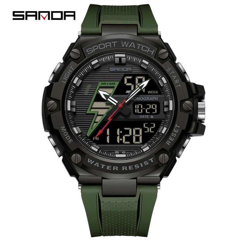 Sanda Men's Multifunctional Shockproof Waterproof Sport Watch with Alarm Clock and Black Technology.
