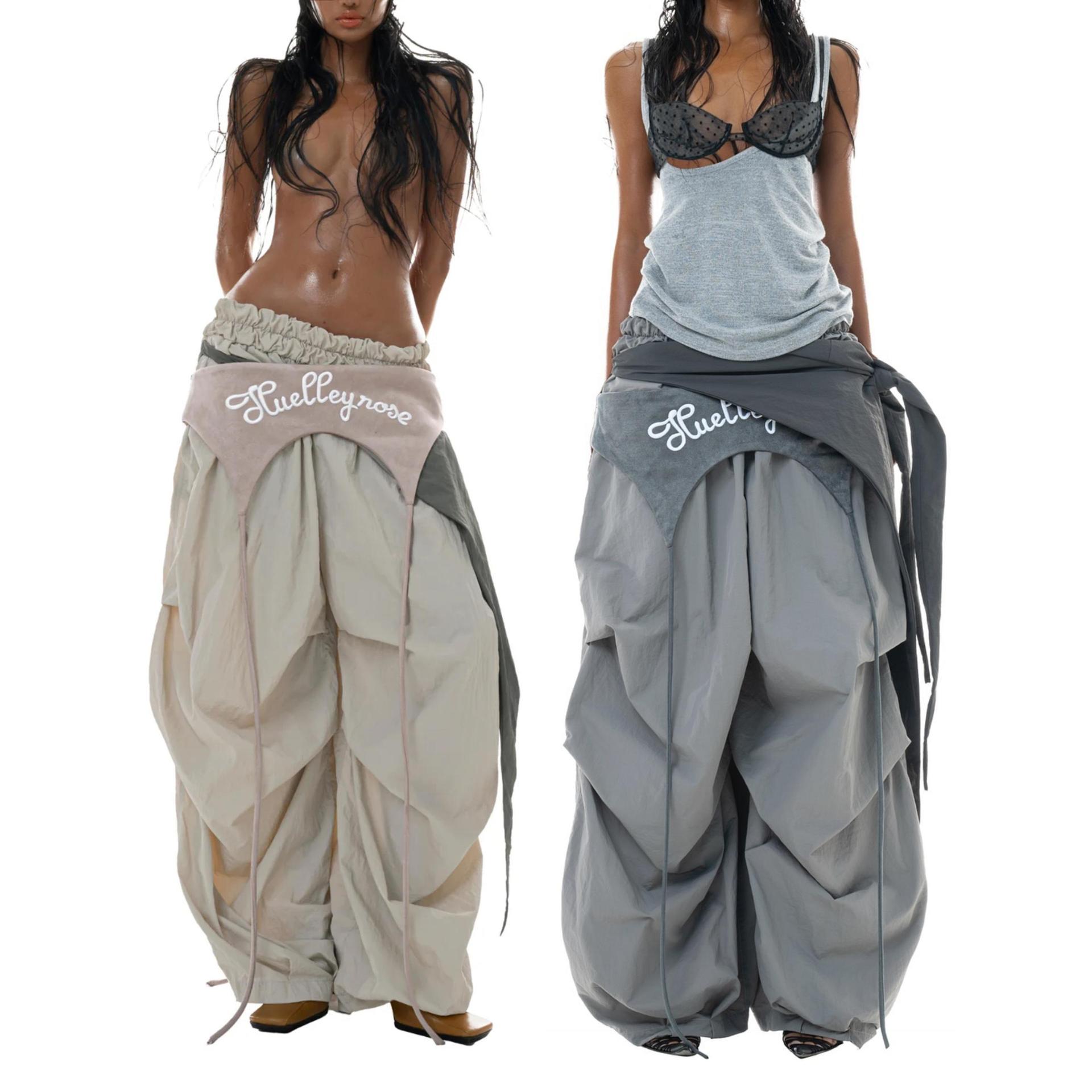 

American Colorblock Cargo Pants: Spring 2025 Street Style Parachute Pants with Waist Tie XL абрикосовий