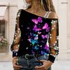 Plus Size Women Slanted Shoulder Long Sleeve Top Pastel Botanical Blossom Print Mesh Lace Splicing Blouse