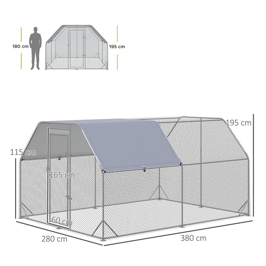 Chicken Run Chicken Coop Chicken Enclosure, Walk-In, Lockable Door, for 10-12 Chickens, 280 Cm X 380 Cm X 195 Cm, Grey