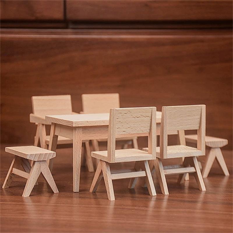 Unfinished Wood Miniature Table/Chair 1/12 Scale Dollhouses Accessories for Realistic Scene Display Dollhouses Decoration