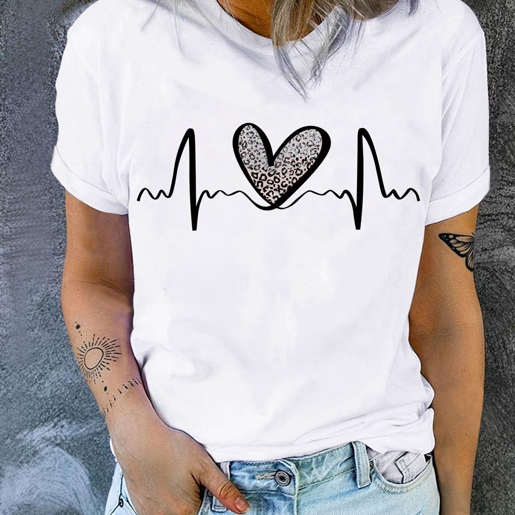 Exquisite Woman Clothing Short Sleeve T-shirt Top Heart-shaped Pattern Printing Summer Short Sleeve Comfortable Women's T-shirt