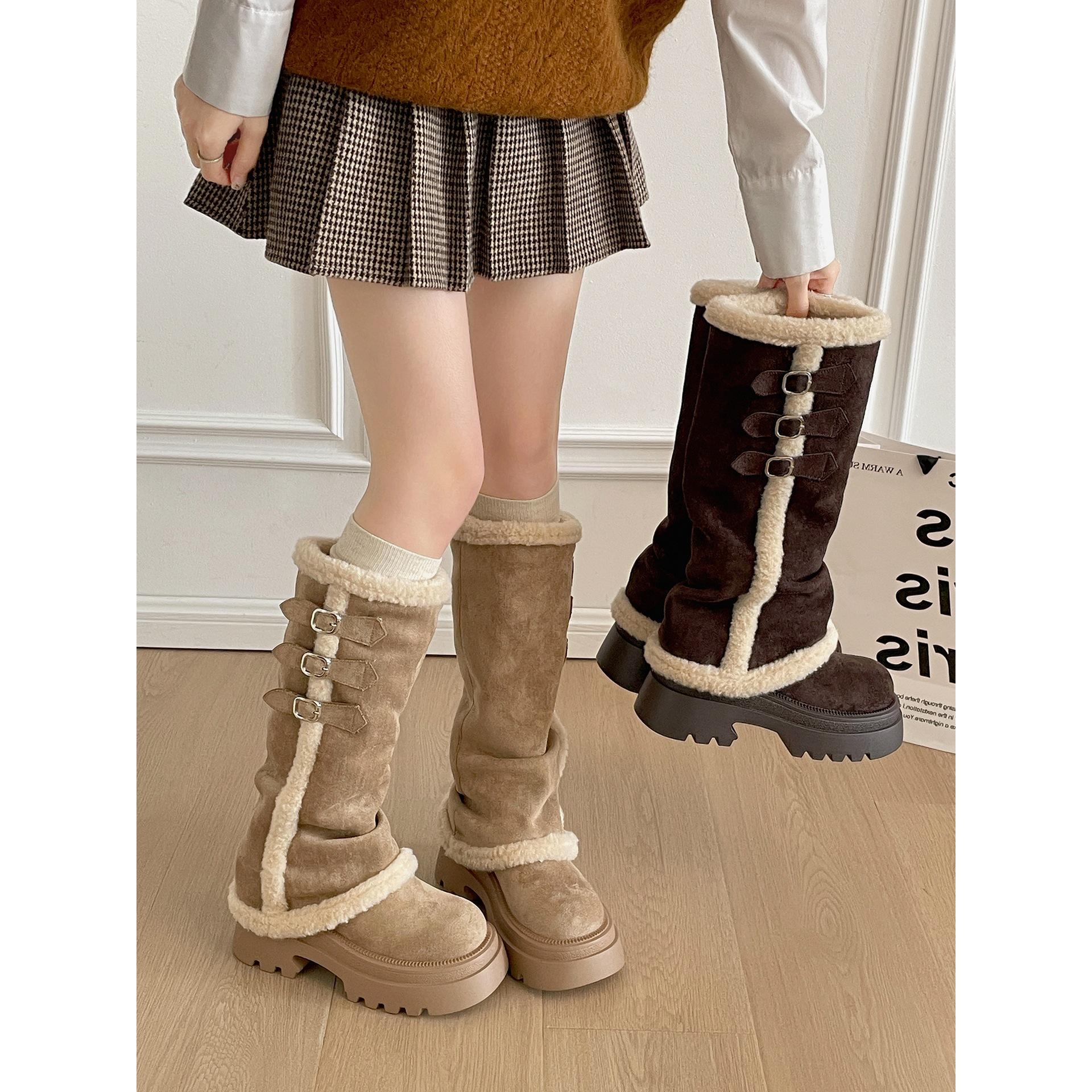 

Fleece warm retro thick heel thick-soled boots long boots winter heightening thin trouser tube cotton boots 40 хакі