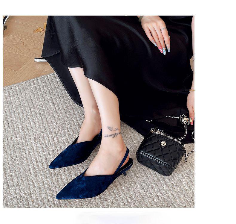 French Gentle Pointed Blue Velvet Single Shoes 2025 New Sandals with Half Bag Head Shallow Mouth High-end Shoes Women