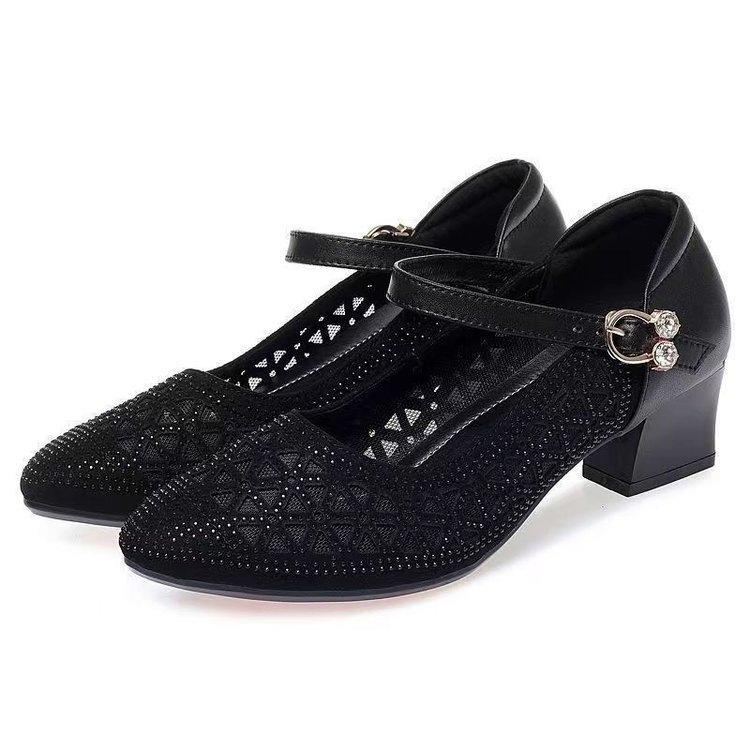 Summer Breathable Single Shoes Sandals Female Mid-heeled Sandals Mesh Sandals Cave Shoes Hollow Breathable Single Shoes Thick with Soft Bottom Shoes