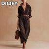 DICFY Women's Fashion Autumn Winter Solid Color Print Long Sleeve Casual Dresses