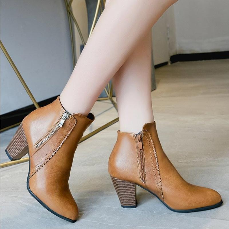 Fashion Women's Boots Chunky Heel Womens Ankle Boots Pu Leather Non Slip High Heels Side Zip Fashion Women Shoes Retro Zapatos De Mujer