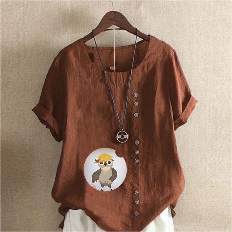Women's Fashion Owl Prined Short Sleeve T-shirt Loose Cotton Shirt Casual Loose Summer Blouse Tops Plus Size