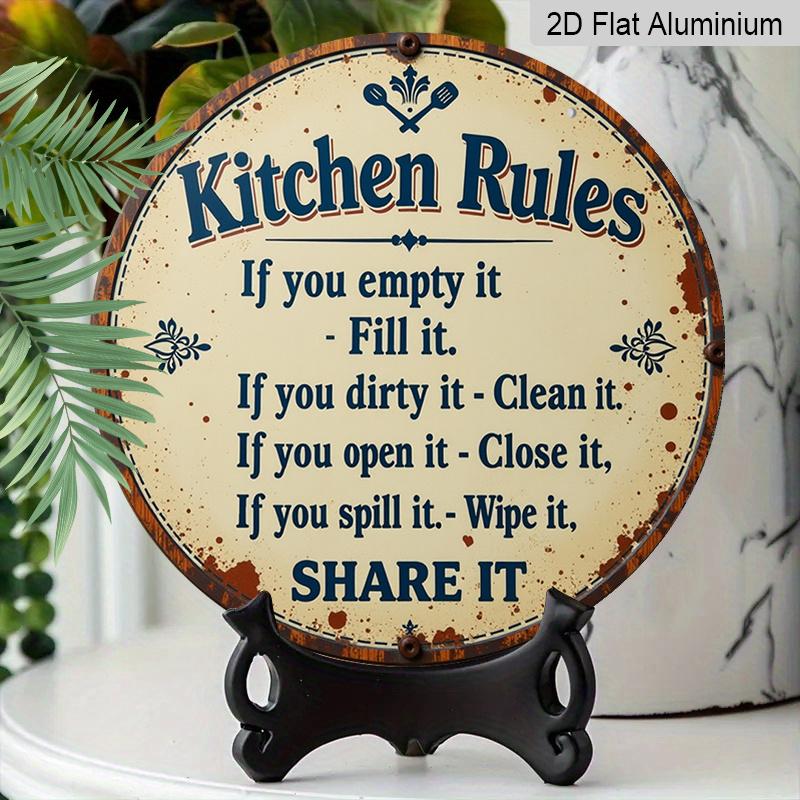 2D Flat 1pc, 8x8 in Printed Aluminum Metal Sign, Featuring Kitchen Rules Design, Round Aluminum Wall Art, Suitable for Decorating Patios, Porches