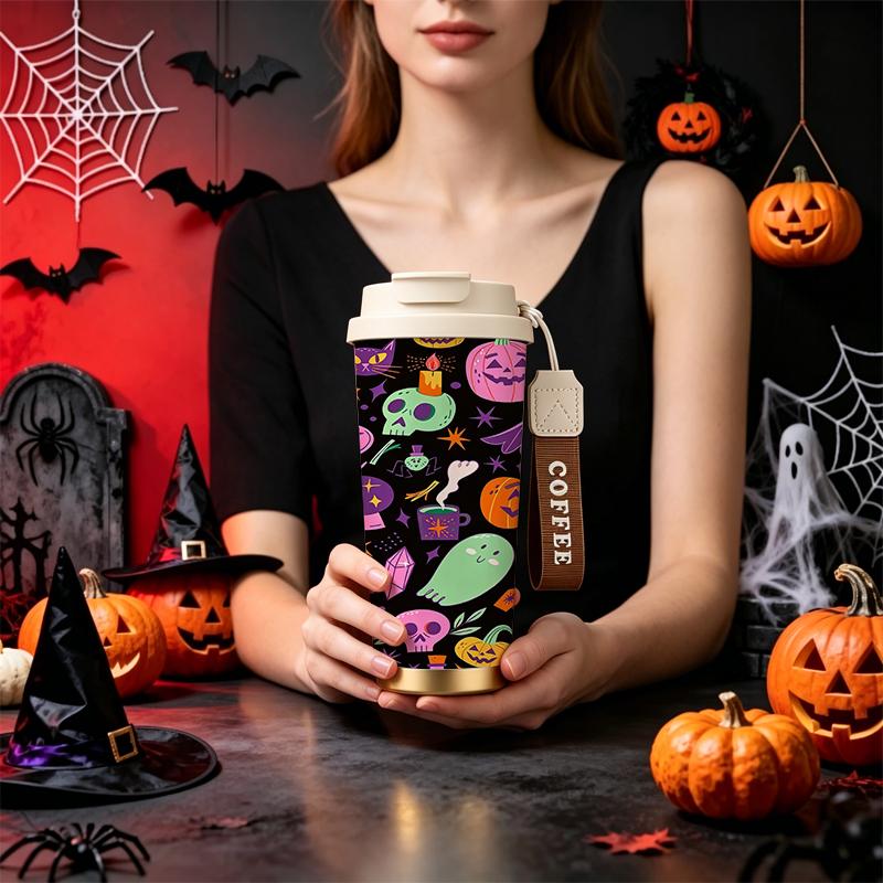 532ml Coffee Cup Halloween Magic Pumpkin Ghost Skull Bat MotifLarge Capacity Tea Cup Car Portable Cup Commuter Coffee Cup