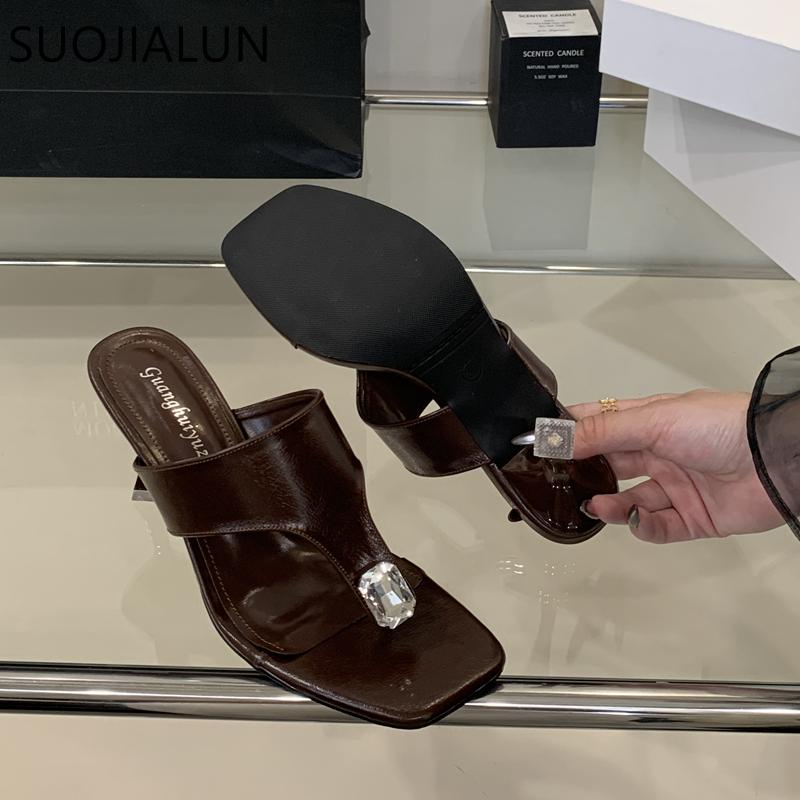 Fashion SUOJIALUN 2025 New Brand Women Slipper Fashion Crystal Slip On Flip Flop Shoes Thin High Heel Elegant Outdoor Dress Sandal Pumps
