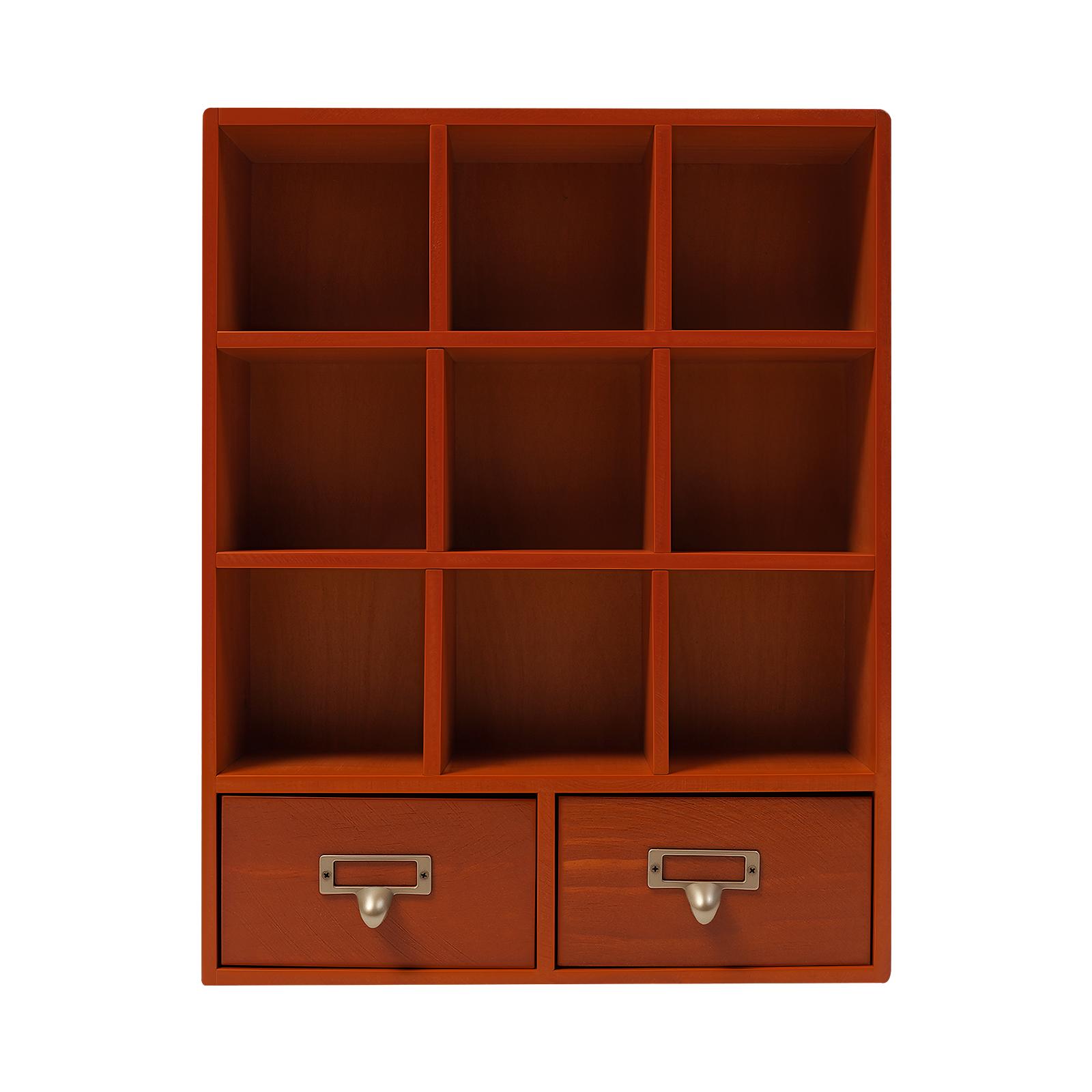 

Vintage Wooden Display Cabinet 9-Cube Wall Mount Shelf with 2 Drawers for Collectibles, Toys, Jewelry Storage, Home Office Decor коричневый