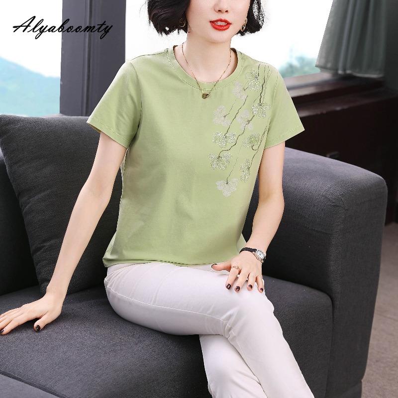 Plus Size Summer Women Basic Cotton Top O Neck Pink Green Embroidery Sweet T-Shirt Large Size Elegant Ladies' Tee M-4XL