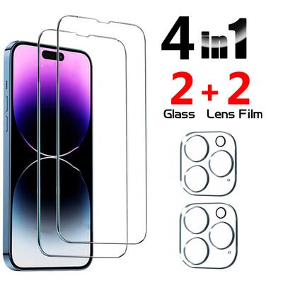 4in1 [2 linsglas + 2 skärmglas] Kamera Helt glas Heltäckande härdat glas skyddsfilm för Apple iphone 11 12 13 14 Pro Max mini Plus 14Pro