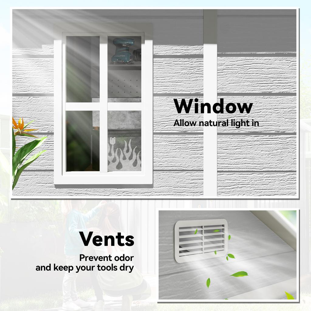 6 X 5ft Garden Shed, Plastic Shed with Floor, Window, Lockable Doors and Vents, Wood Effect Resin Tool Shed for Outdoor Patio, Light Grey