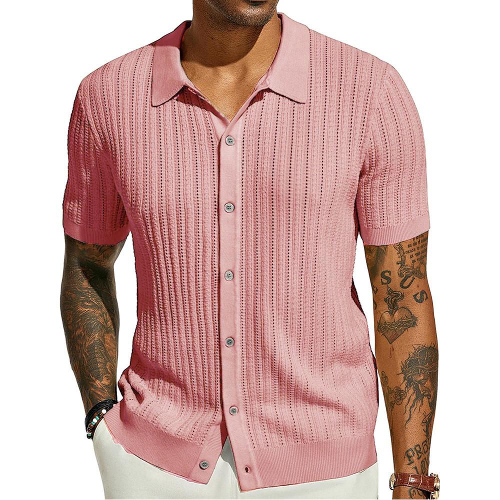 Men's Summer Cool Knit Short Sleeve Collared Shirt - Solid Color, Breathable, Hollow Out Design
