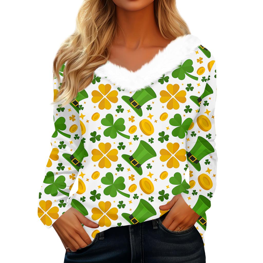 T-shirt à manches longues et col en V pour femme avec imprimé Saint Pao, décontracté et ample
