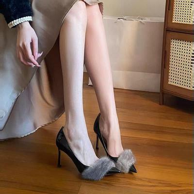 Black Fluffy High Heels Women's Season Pointed Head Sexy Royal Sister Temperament Thin Heels Not Tired Feet Single Shoes