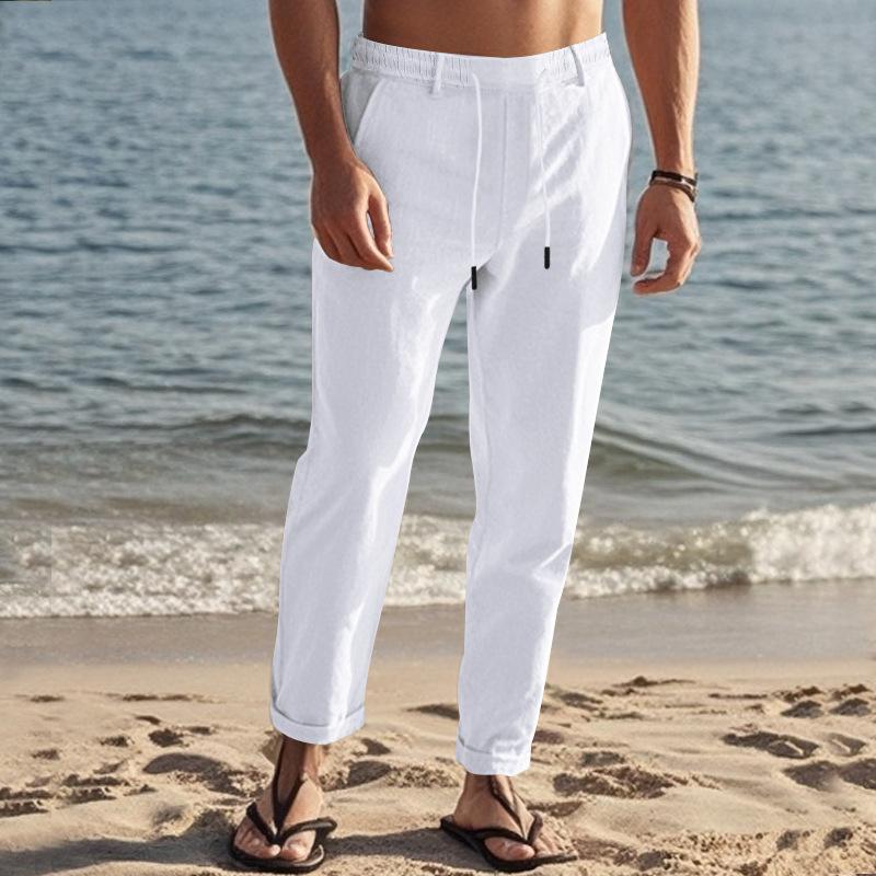 Men Solid Color Cropped Trousers Drawstring Waist Straight Leg Lightweight Beach Casual Pants S белый