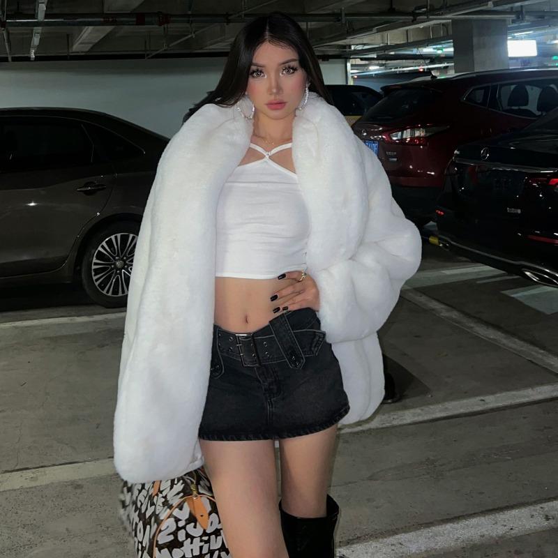 

Зимнее утолщенное теплое белое меховое пальто шарф воротник плюшевое пальто имитация кроличьего меха темперамент элегантное XXL белый