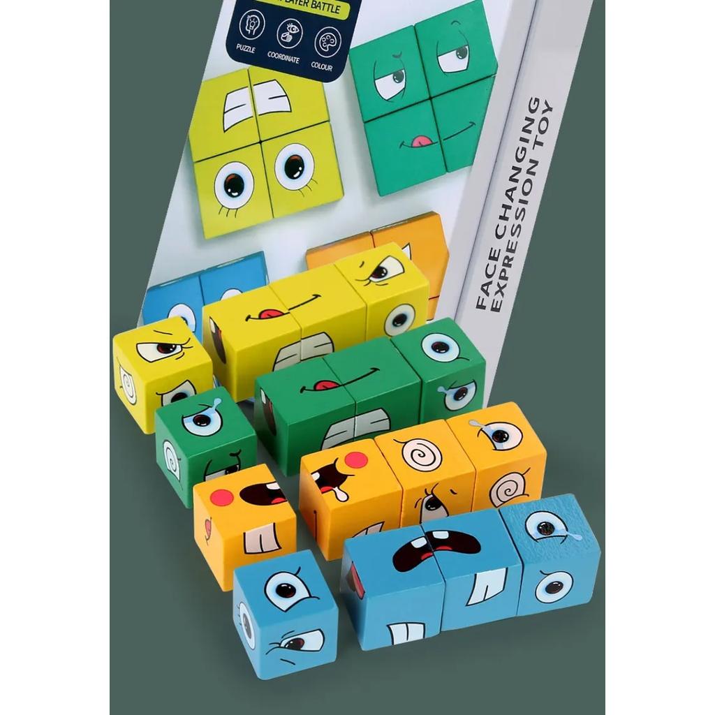 Face Changing Cube Board Card Game Building Blocks Cartoon Wooden Puzzle Montessori Anxiety Stress Relief Toys for Children Kids
