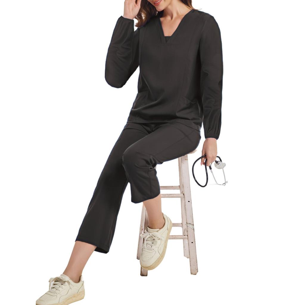 Women's Quick Drying Fabric Solid Color V-neck Pocket Long Sleeve Pants Set Workwear