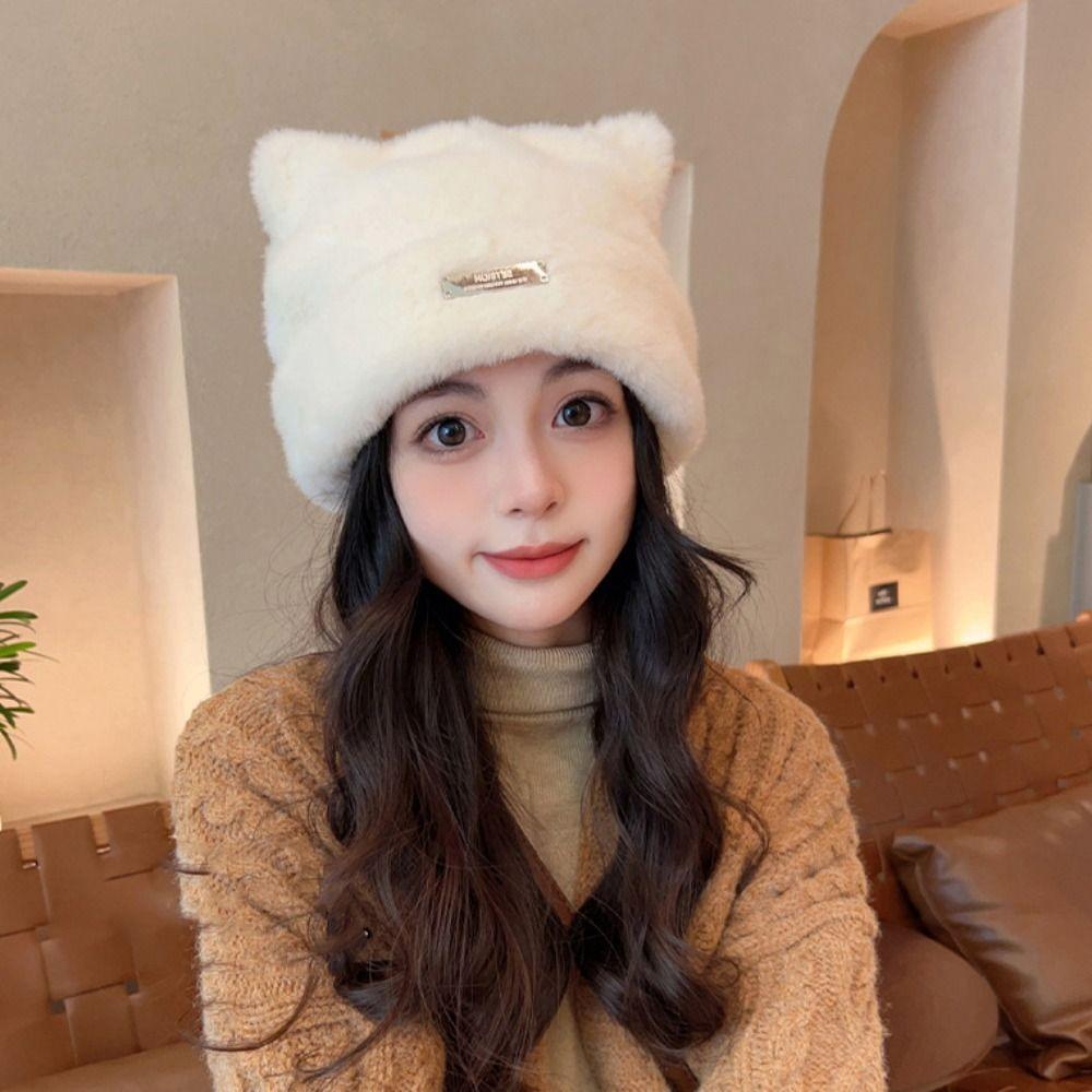 Bear Ears Knitted Cap Letter Winter Plush Hat Cute Cat Ears Hat Female/Girls