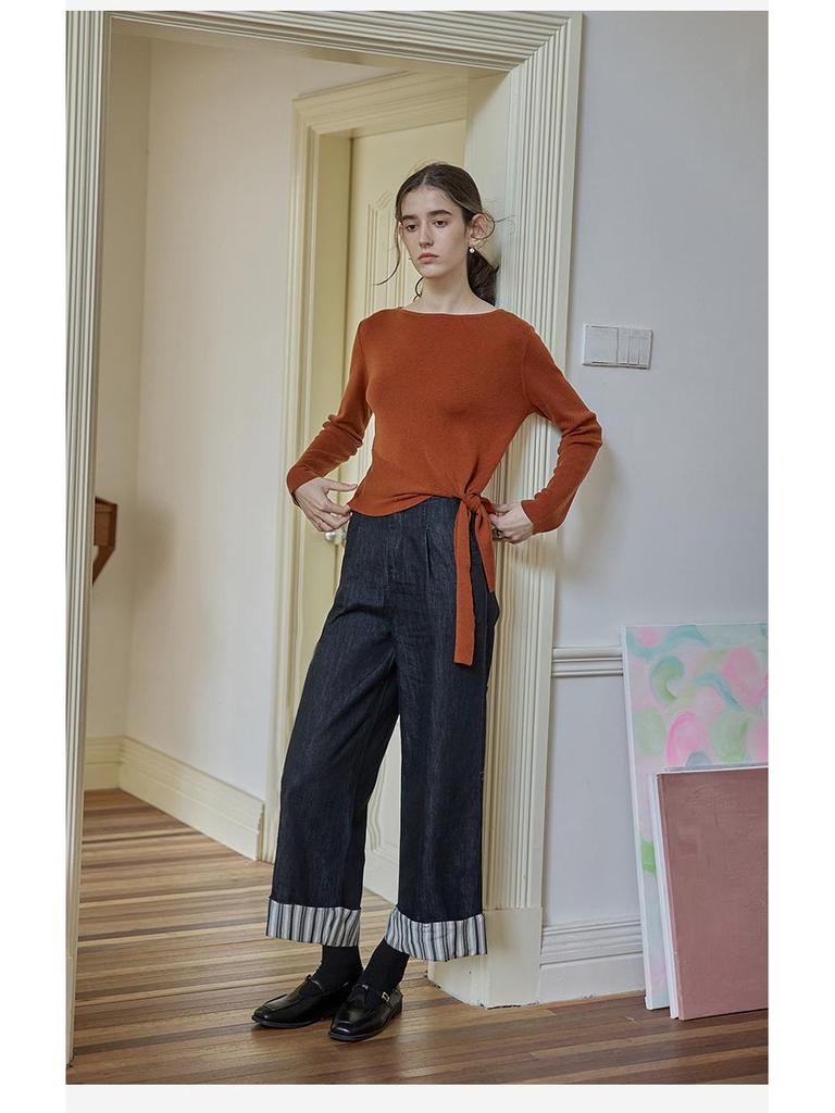 Women's Striped Patchwork Retro Wide-Leg Jeans: Slimming, Elastic Waist, Straight-Leg Pants for Spring