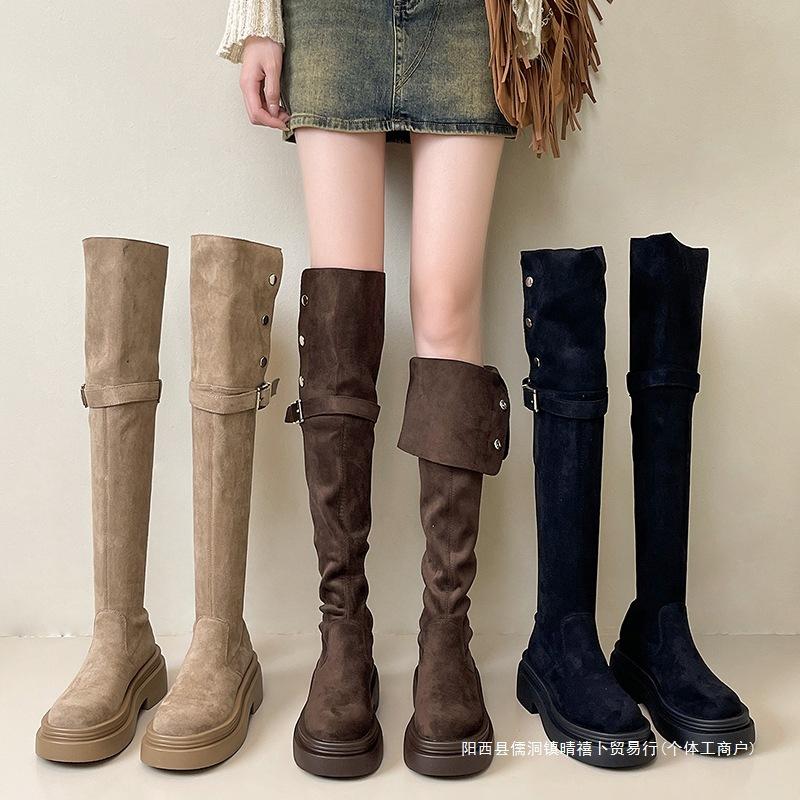 Two wear folded thick-soled boots children's spring and winter 2025 new thick-heeled knee knight boots