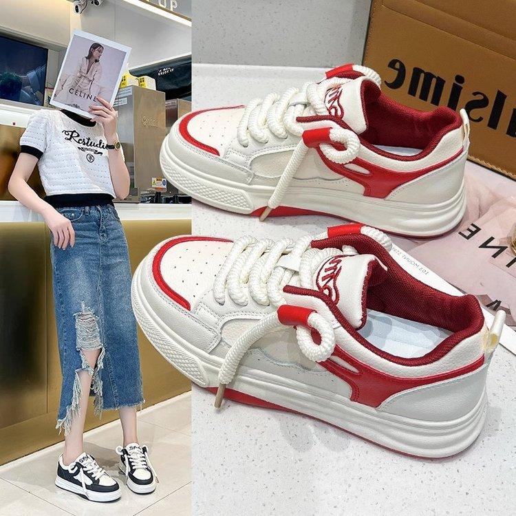 Women's White Shoes New Spring Thick-Soled Women's Shoes Round Toe Leather Facing Shoes Women's Ins Fashion Casual Sports Skate Shoes