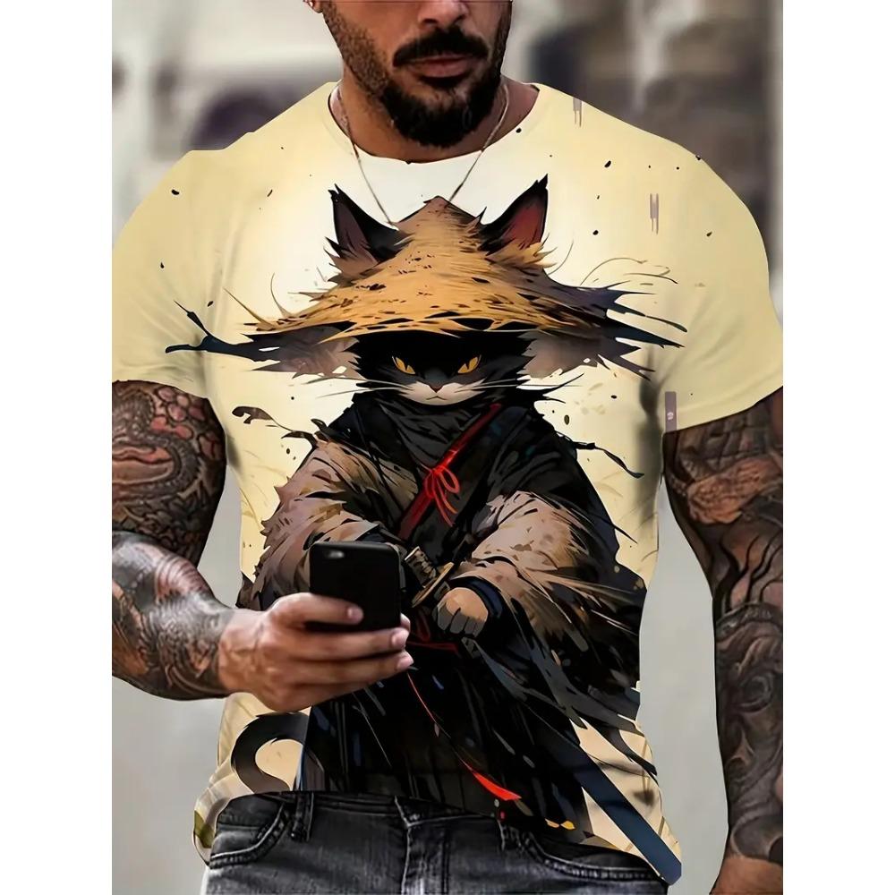 Samurai Men's T-shirt Soldier Print O Neck Short Sleeve Casual Anime Pullover Streetwear Outdoor Male Tee Top Oversized Clothing