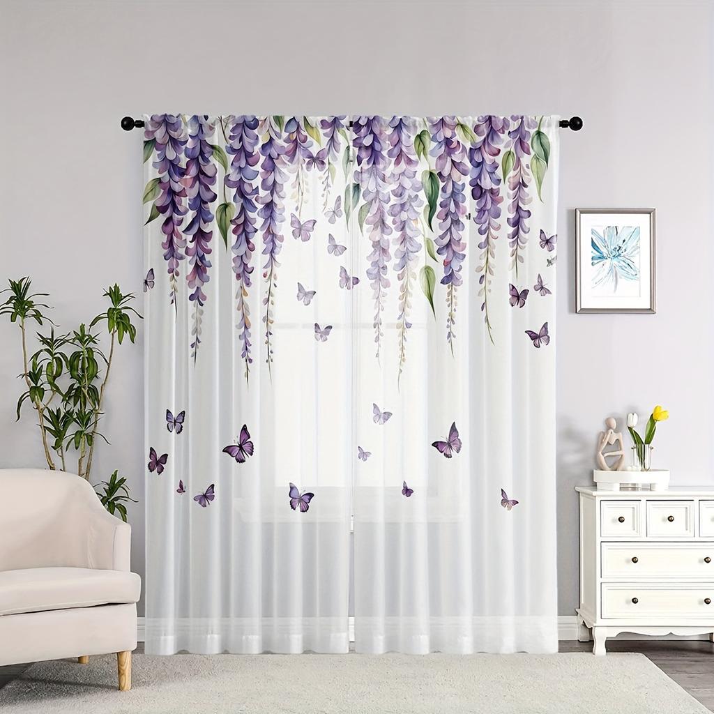 2 Pcs Luxe Sheer Wisteria Floral Curtains – Romantic Art Theme Rod Pocket Design for Bedroom Decor