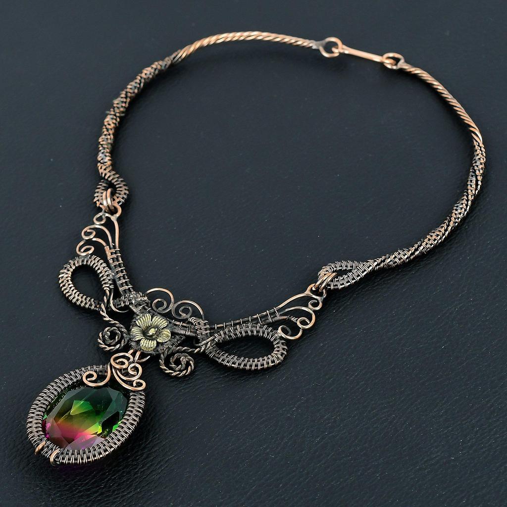 Bi-Color Tourmaline Necklace Jewelry, 999 Copper Wire Wrapped Gemstone Necklace Handmade Jewelry, For Memorial Day