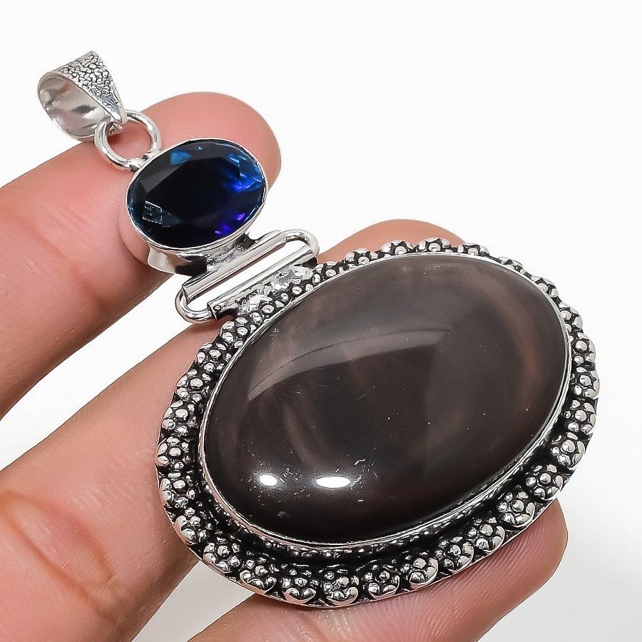 

Obsidian Eye, Blue Topaz Gemstone Handmade Ethic Jewelry Pendant 2.44 SR-5961